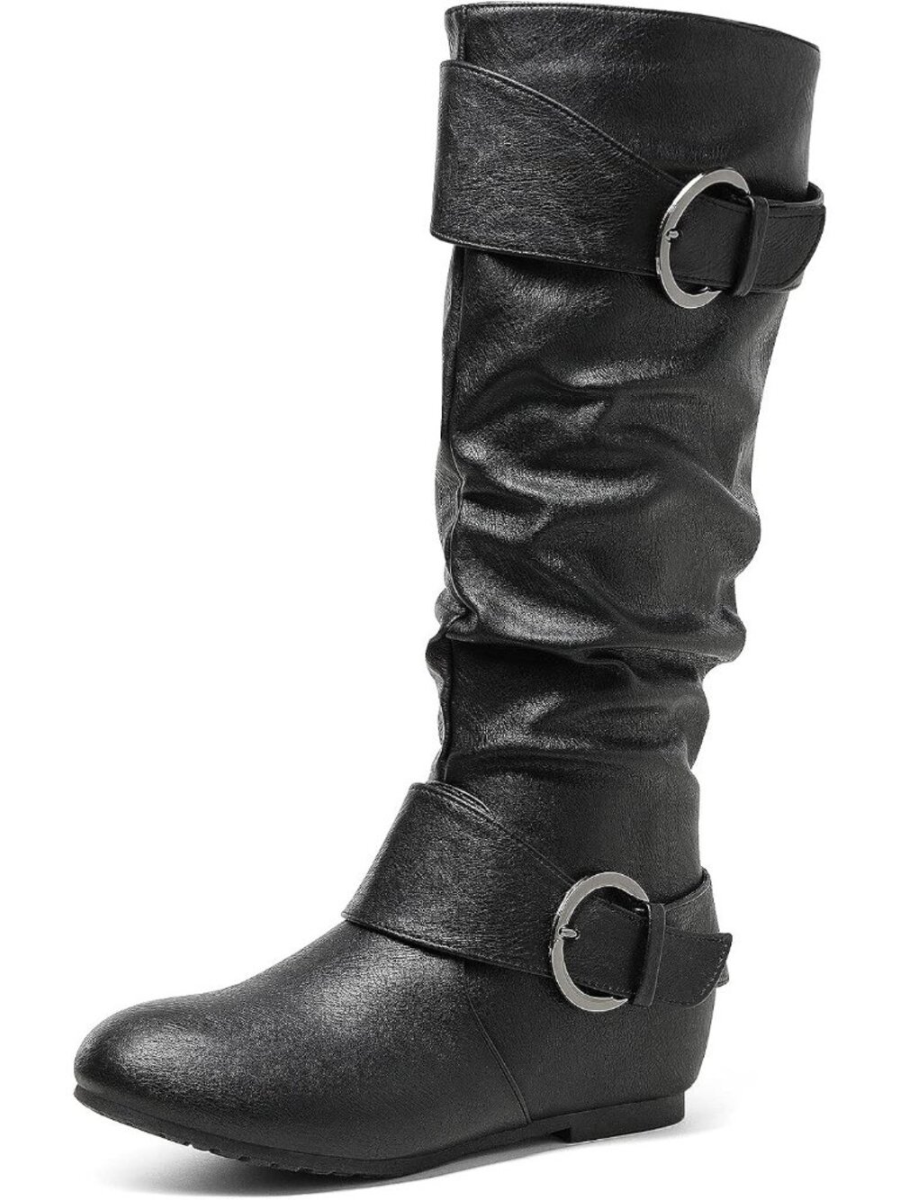 Women's Ura-Black Faux Leather High Low Hidden Wedge Side Zipper Knee High Boots